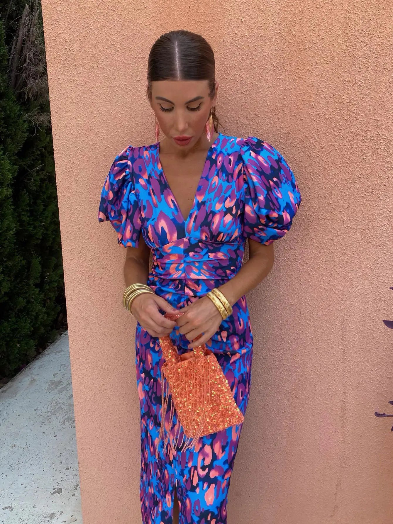 Women's Midi Evening Dress Puff Sleeves and Vibrant Leopard Print