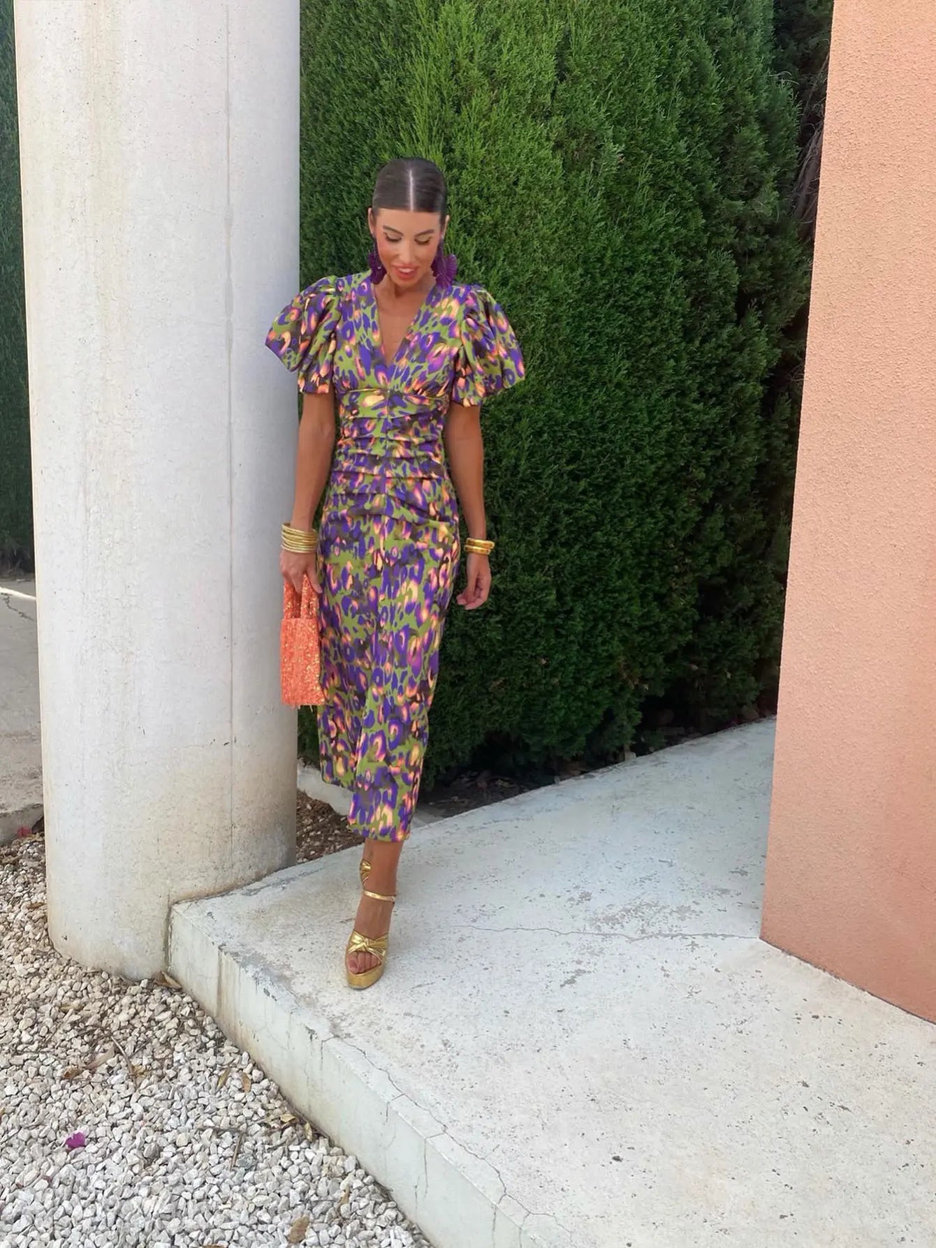 Women's Midi Evening Dress Puff Sleeves and Vibrant Leopard Print