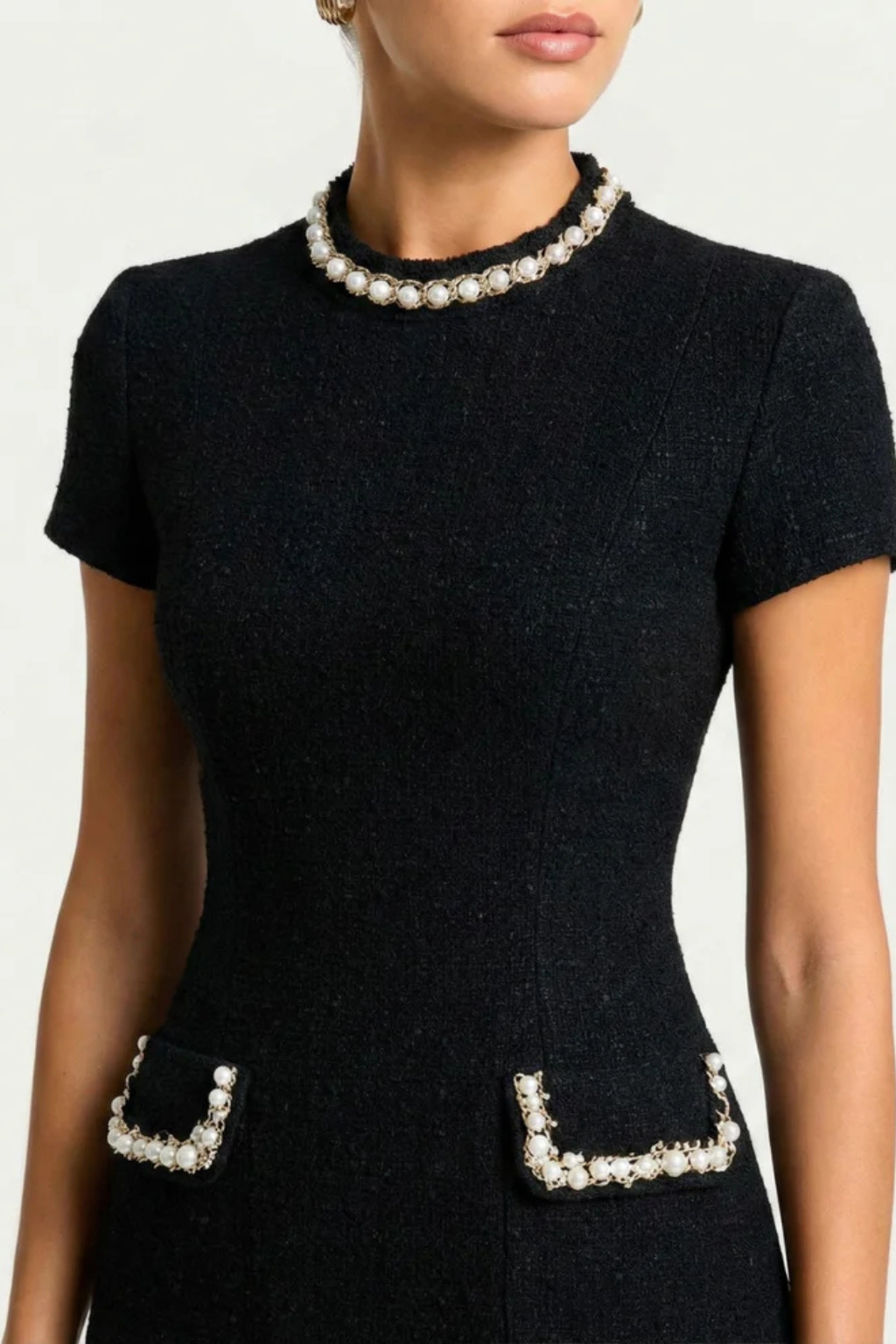Women's Mini Dress with Embellished Collar and Pearl Pocket Flaps