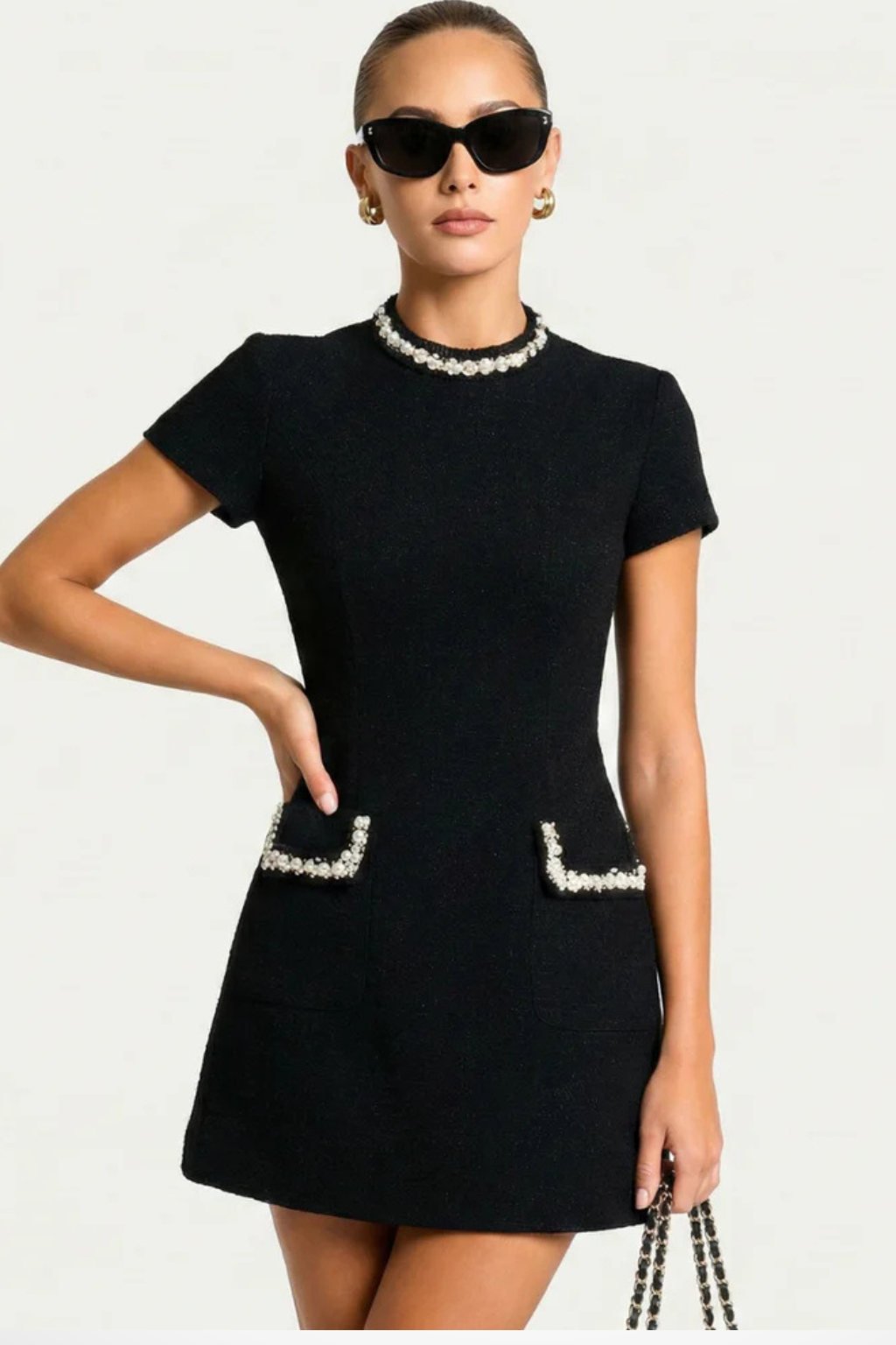 Women's Mini Dress with Embellished Collar and Pearl Pocket Flaps