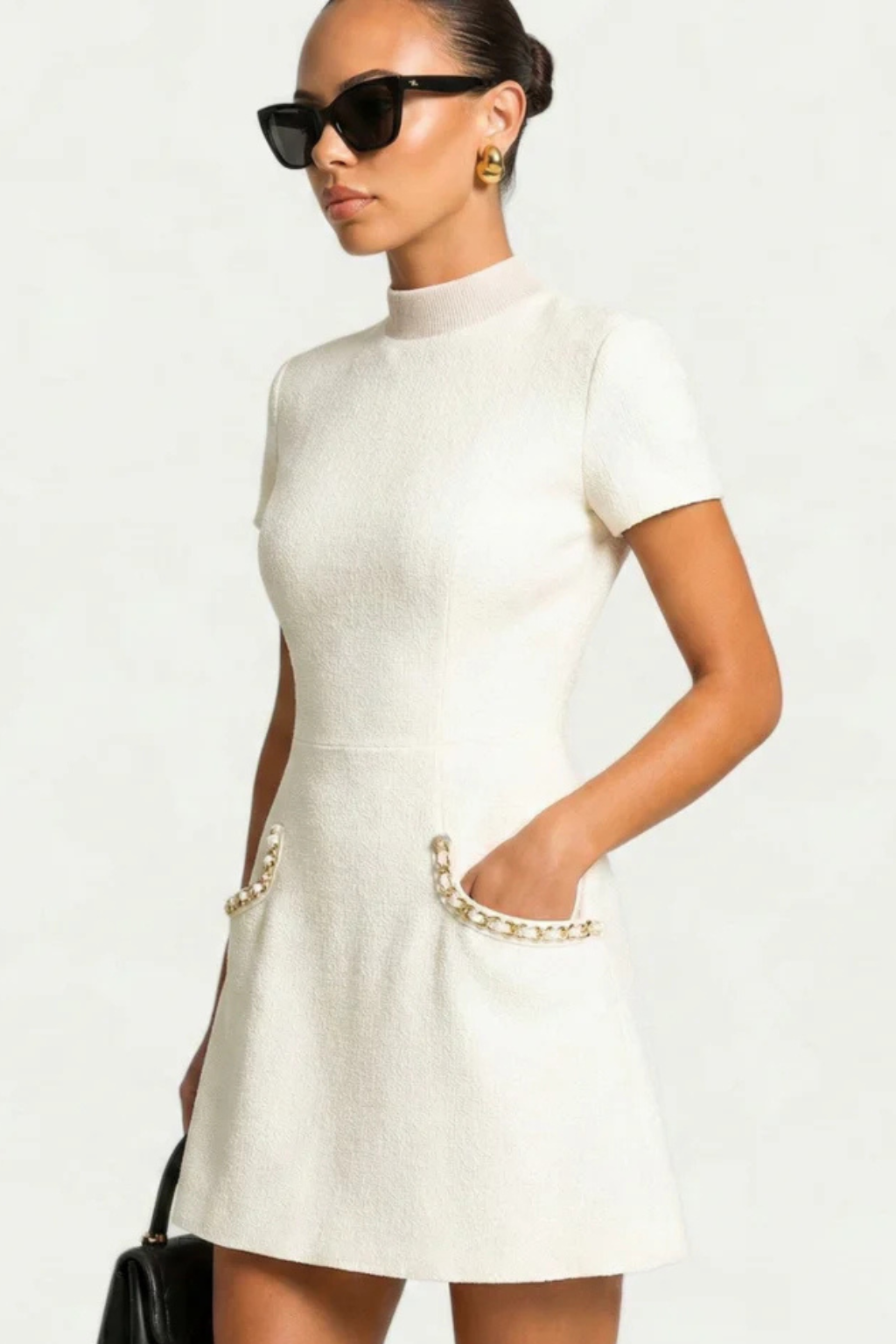 Women's Mini Dress with Embellished Collar and Pearl Pocket Flaps