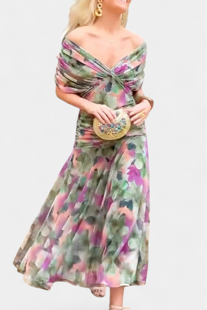 Women's Off the Shoulder Wedding Guest Midi Dress Ruched