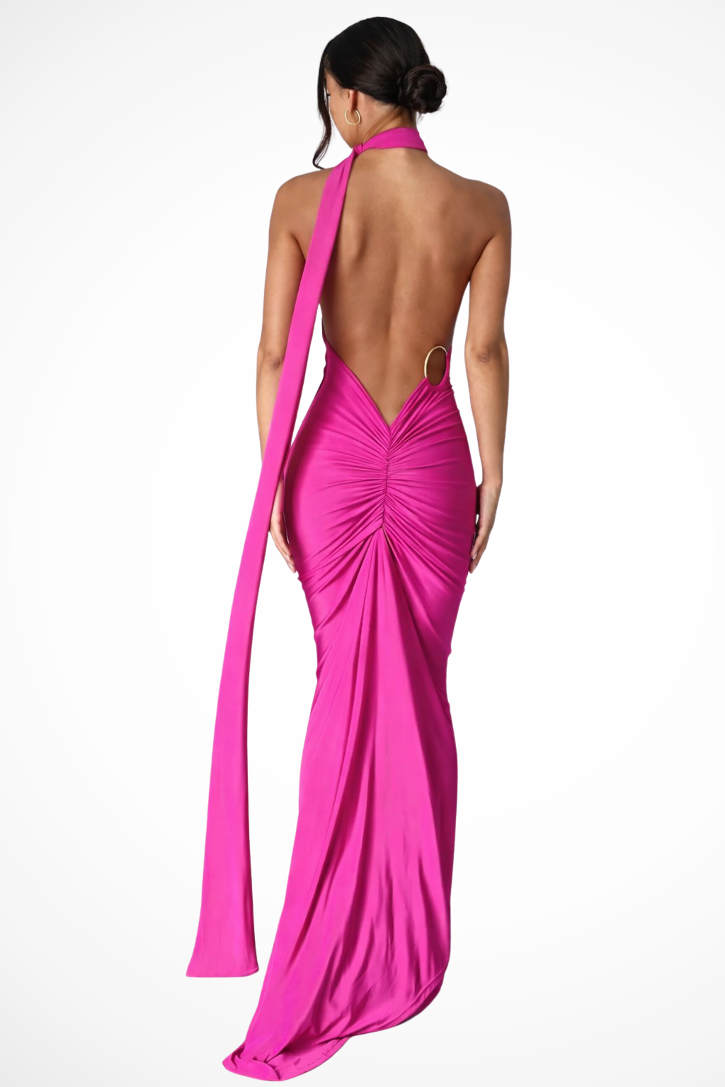 Women's One-Shoulder Maxi Dress with Backless Ruched Design and Long Side Drape