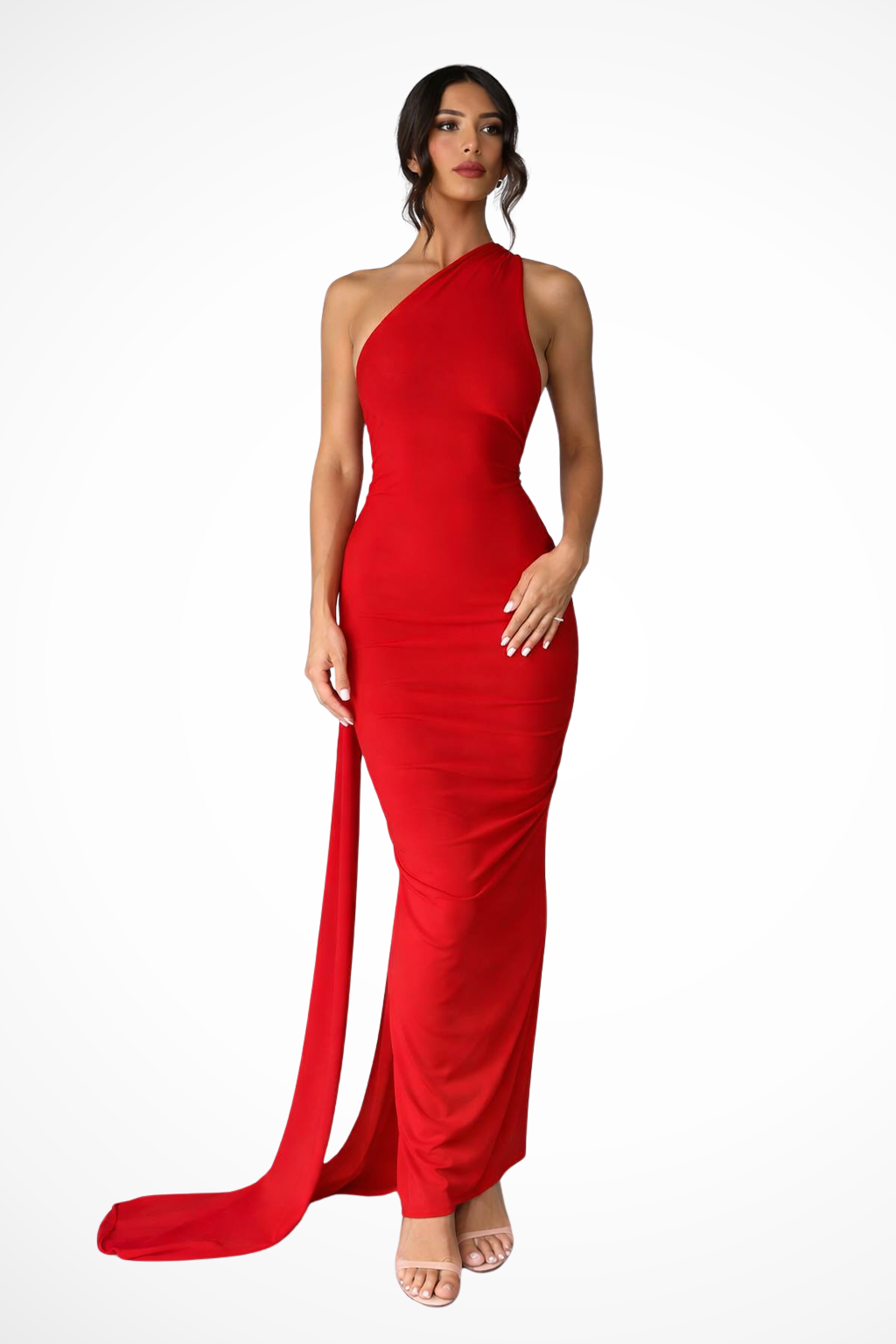 Women's One-Shoulder Maxi Dress with Backless Ruched Design and Long Side Drape
