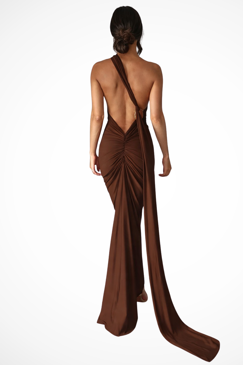Women's One-Shoulder Maxi Dress with Backless Ruched Design and Long Side Drape
