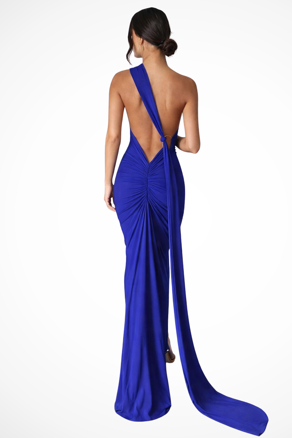 Women's One-Shoulder Maxi Dress with Backless Ruched Design and Long Side Drape