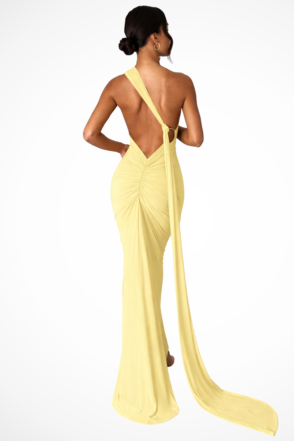 Women's One-Shoulder Maxi Dress with Backless Ruched Design and Long Side Drape