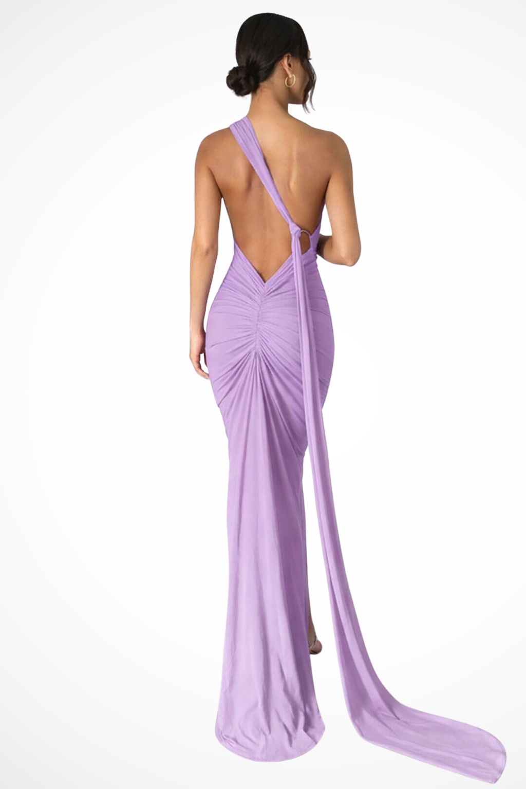 Women's One-Shoulder Maxi Dress with Backless Ruched Design and Long Side Drape