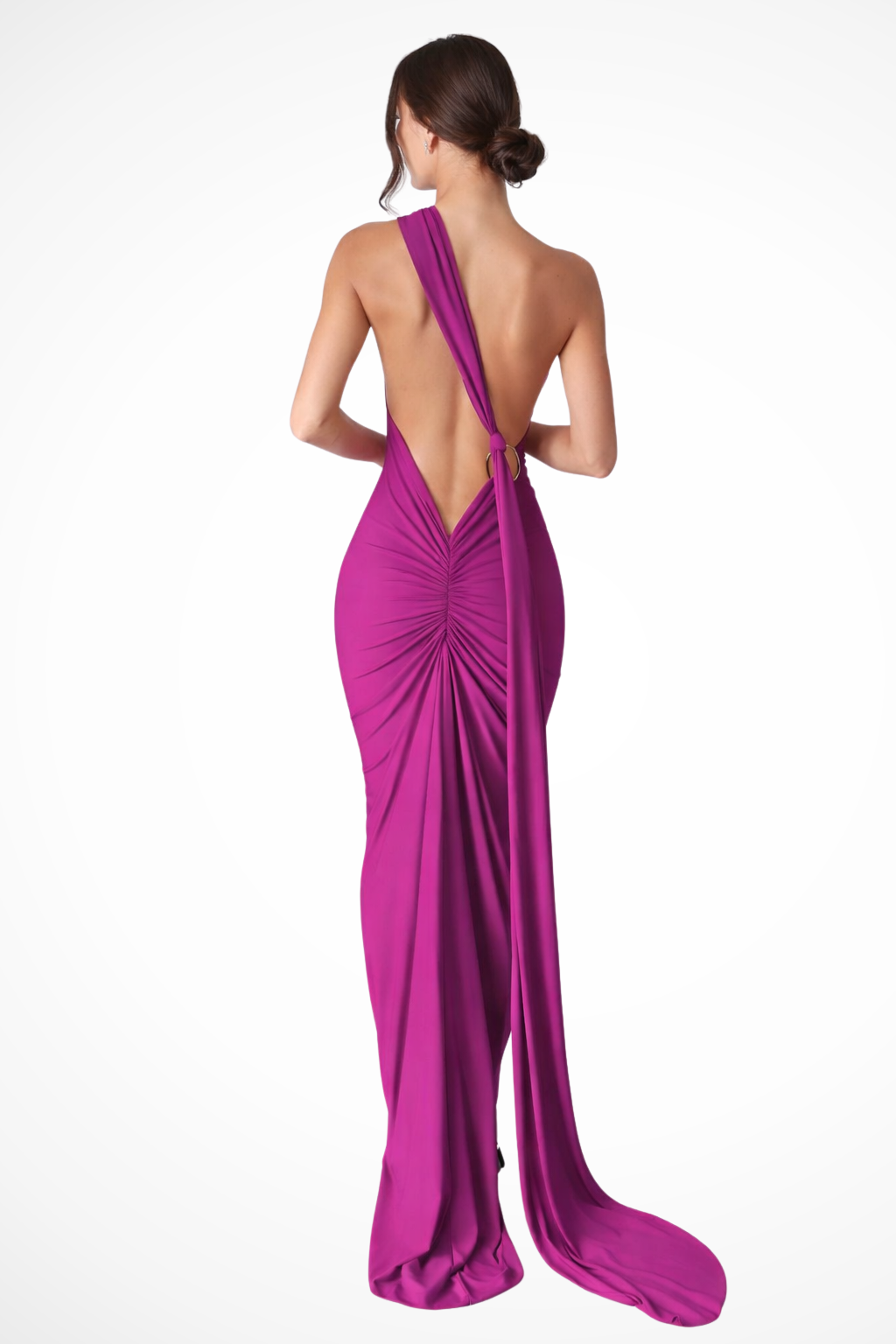 Women's One-Shoulder Maxi Dress with Backless Ruched Design and Long Side Drape