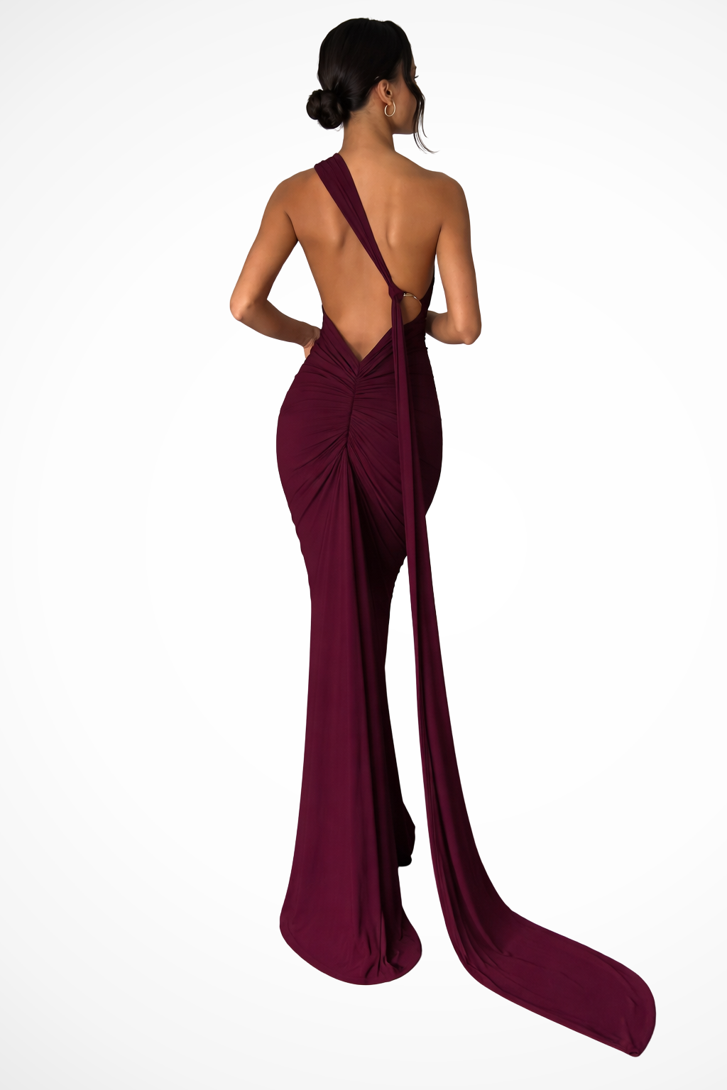 Women's One-Shoulder Maxi Dress with Backless Ruched Design and Long Side Drape