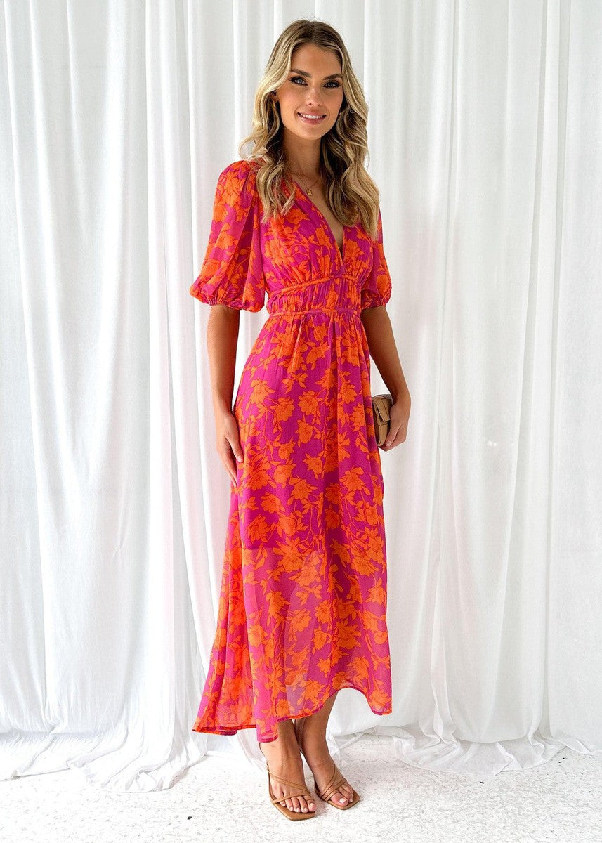 Women's Orange Floral Wedding Guest Midi Dress Puff Sleeve and V-Neck