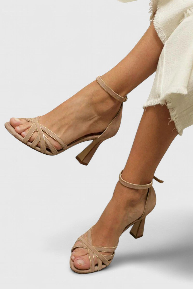 Women's Orthopedic Brown Block Heel Sandals Metallic Trim and Ankle Strap