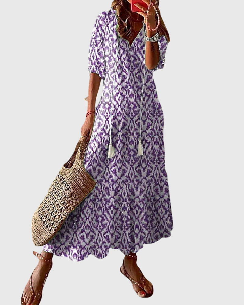 Women's Sundress Patterned V Neck Maxi Tassel