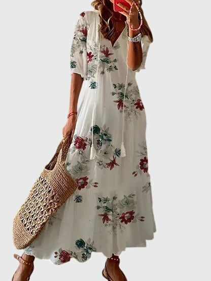 Women's Sundress Patterned V Neck Maxi Tassel