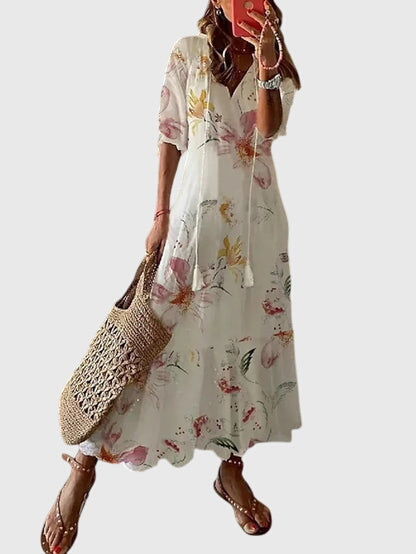 Women's Sundress Patterned V Neck Maxi Tassel