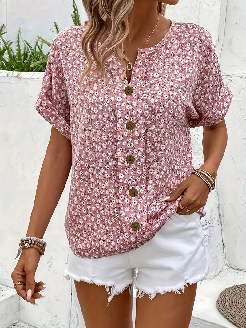 Women's Pink Printed Blouse Split V-Neckline and Front Button Detail