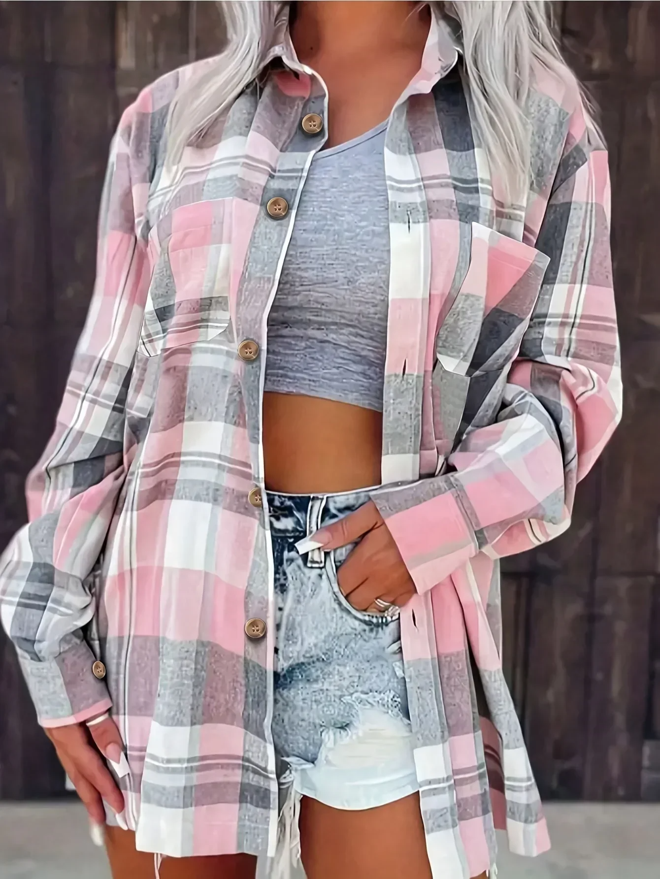 Women's Plaid Flannel Long Sleeve Button Up Shirt Casual Oversized