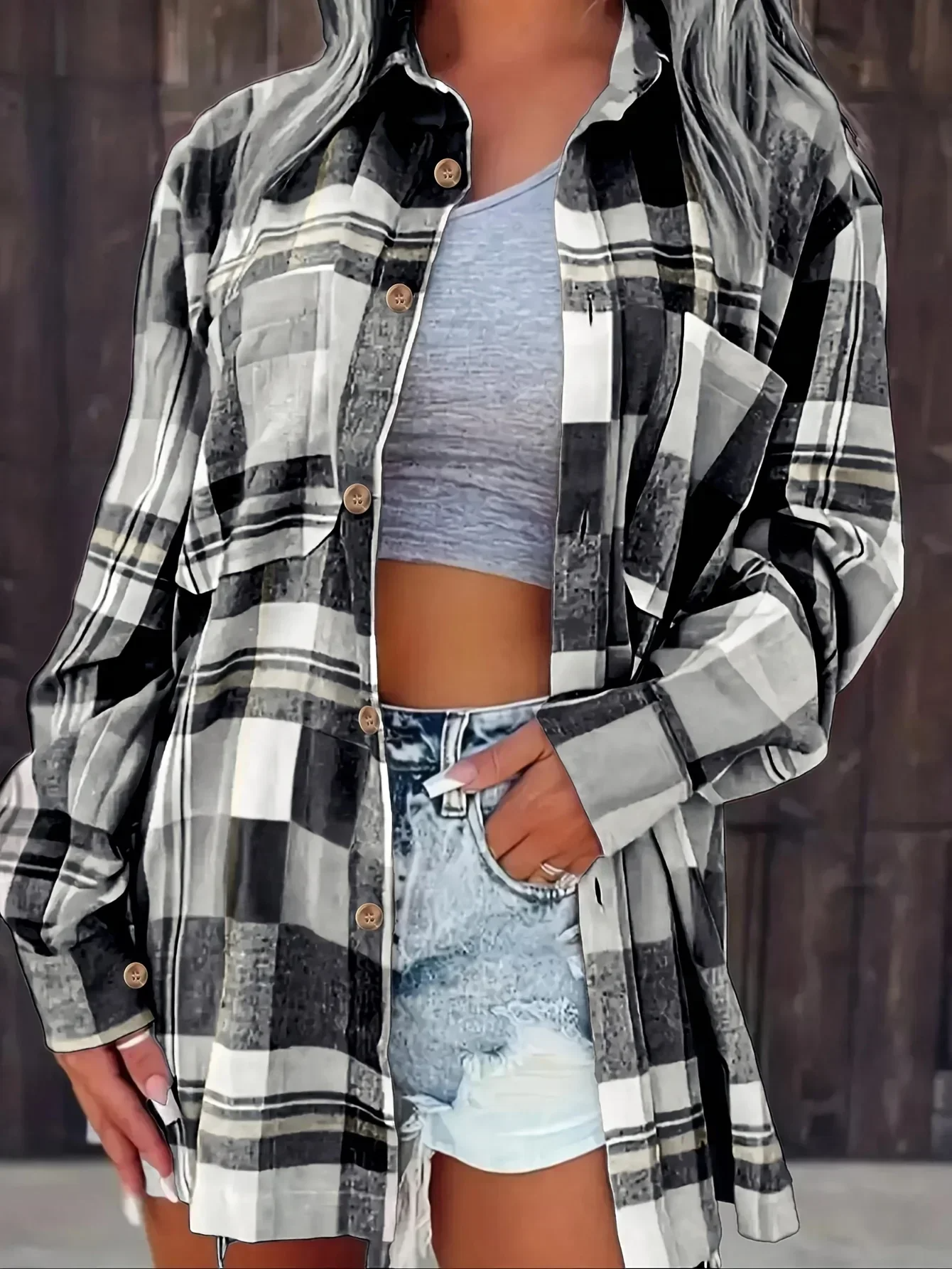 Women's Plaid Flannel Long Sleeve Button Up Shirt Casual Oversized