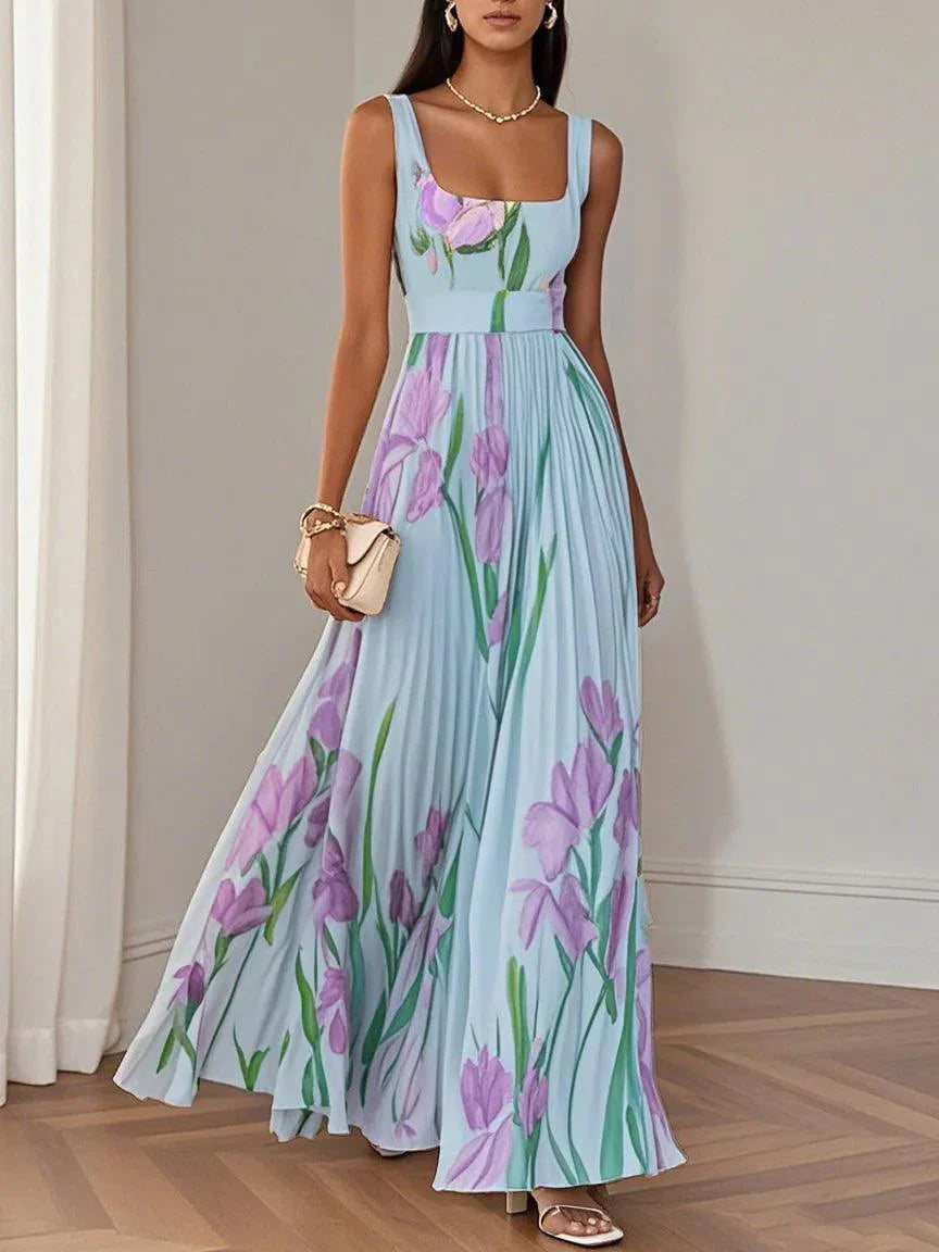Women's Pleated Wedding Guest Maxi Dress Floral Square Neck A-Line