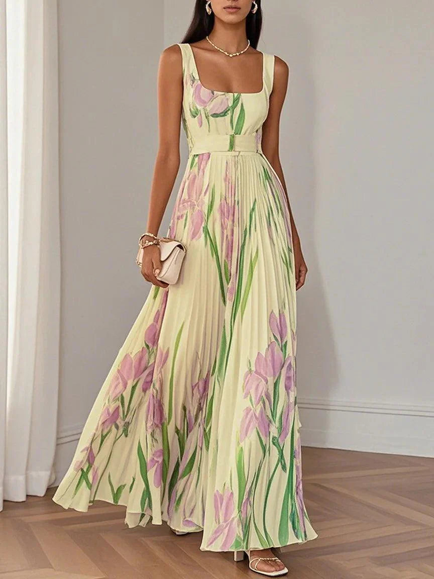 Women's Pleated Wedding Guest Maxi Dress Floral Square Neck A-Line