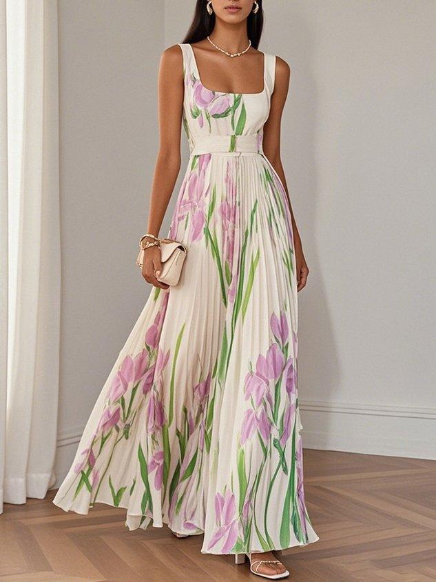 Women's Pleated Wedding Guest Maxi Dress Floral Square Neck A-Line