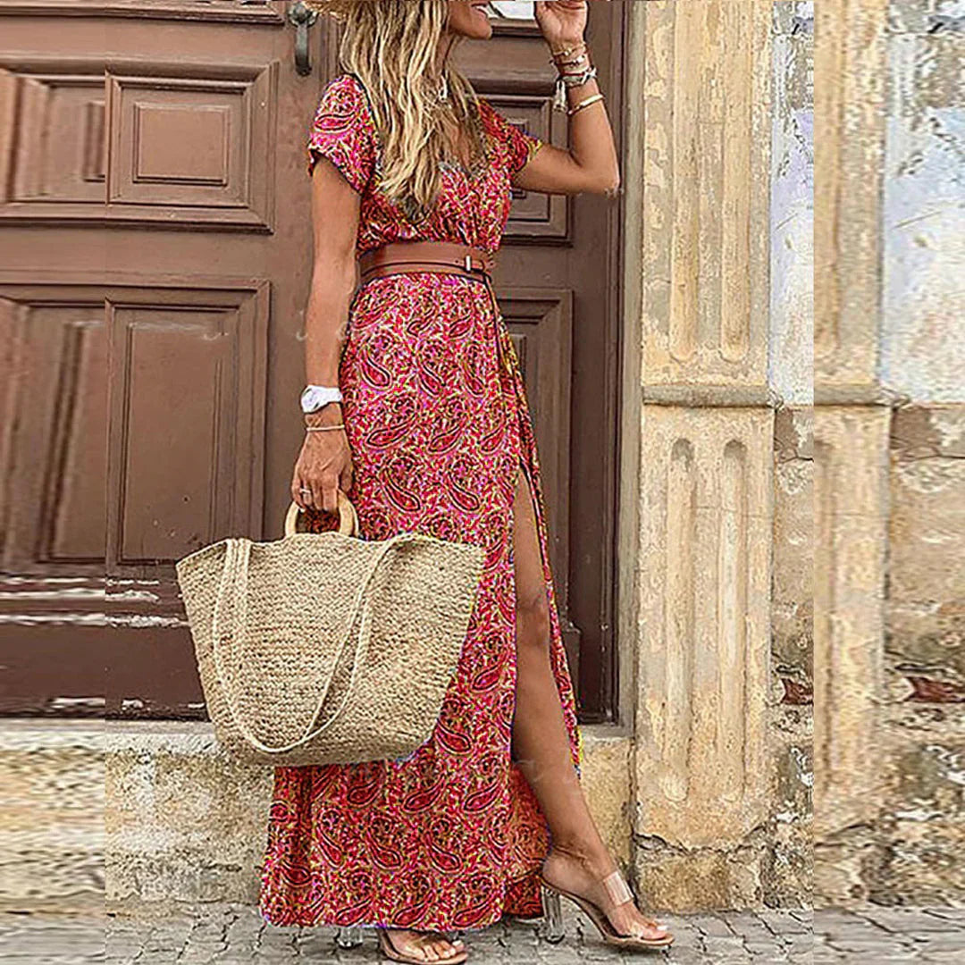 Women's Printed Maxi Dress Wrap-Front Bodice and High Side Slit