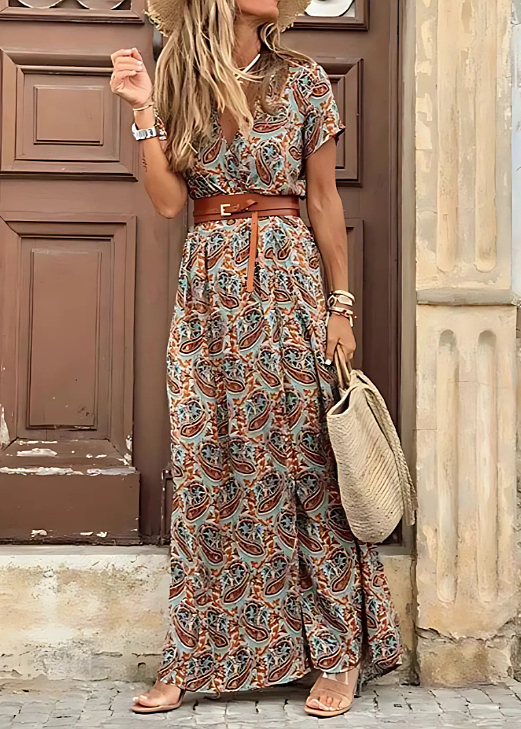 Women's Printed Maxi Dress Wrap-Front Bodice and High Side Slit