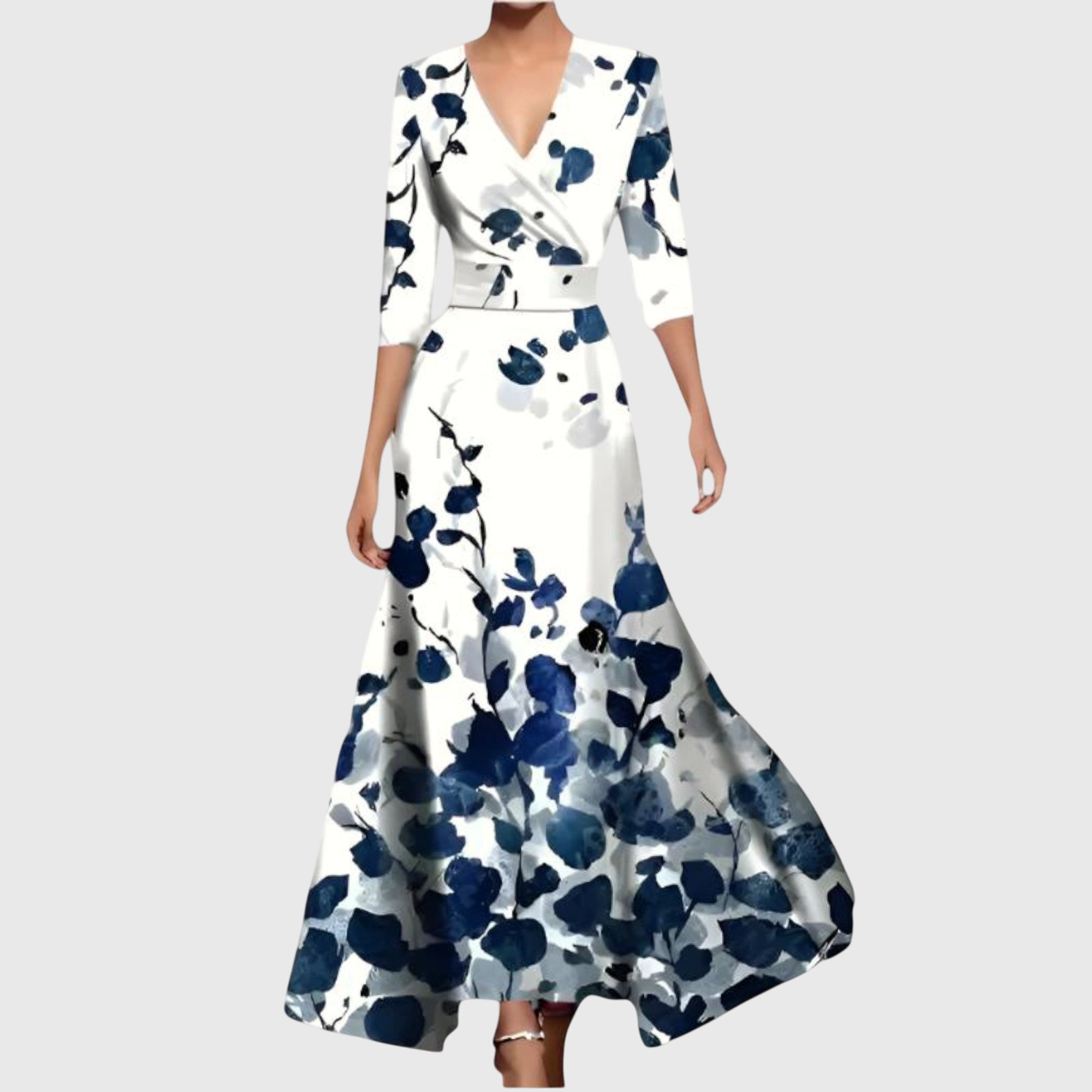 Women's Printed Maxi Wrap Dress with V-Neck and Three-Quarter Sleeves