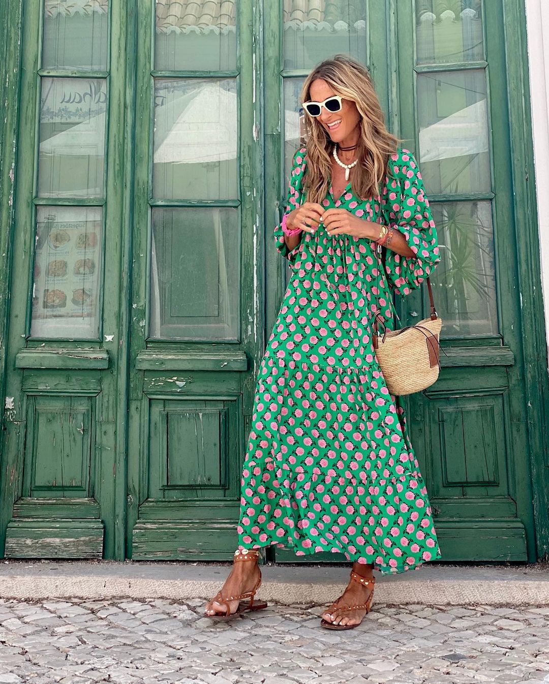 Women's Printed Midi Dress Tiered Skirt and Flattering V-Neckline