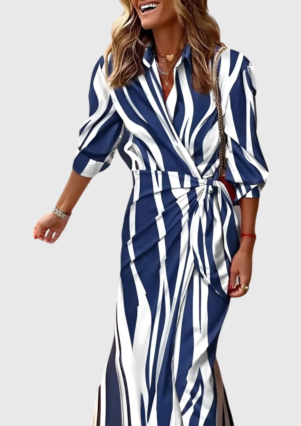 Women's Printed Wedding Guest Midi Dress Tie Front Long Sleeve