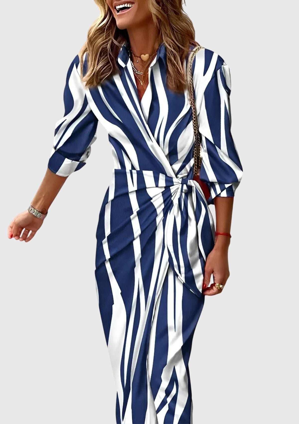 Women's Printed Wedding Guest Midi Dress Tie Front Long Sleeve