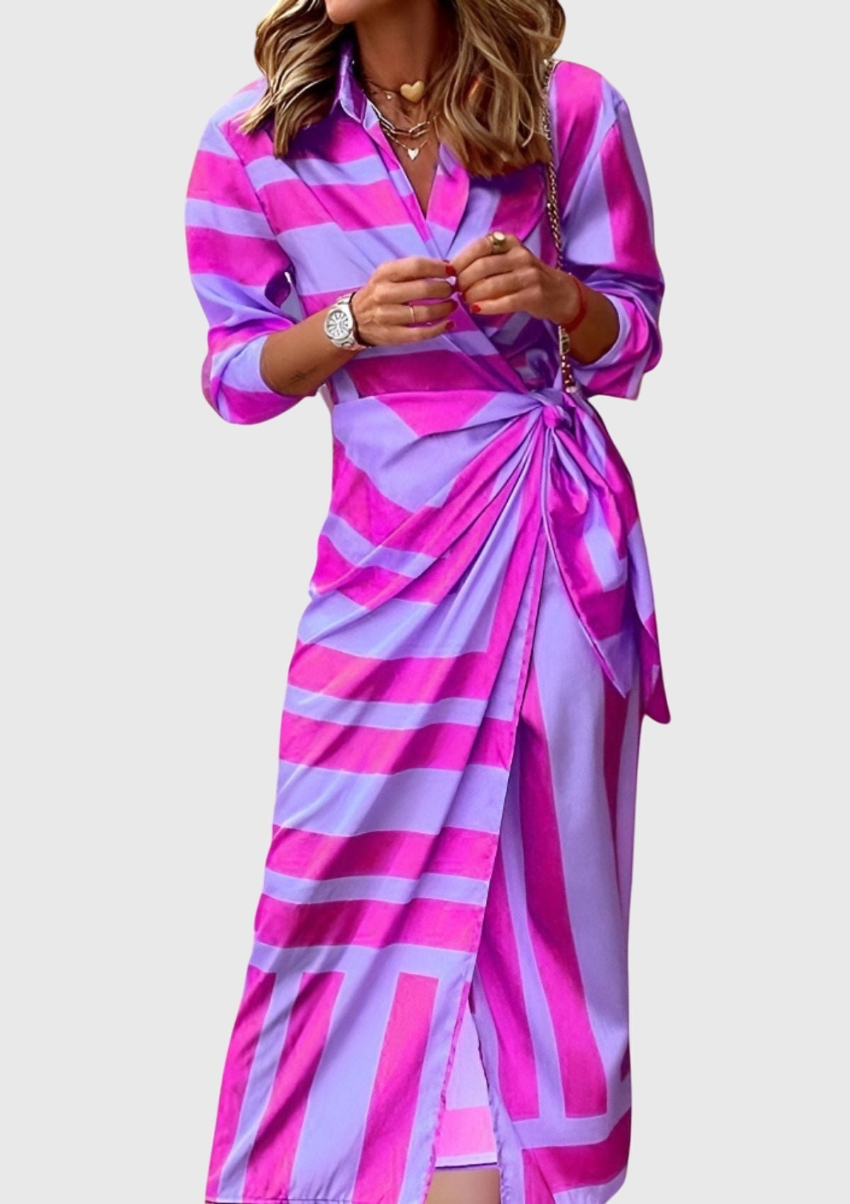 Women's Printed Wedding Guest Midi Dress Tie Front Long Sleeve