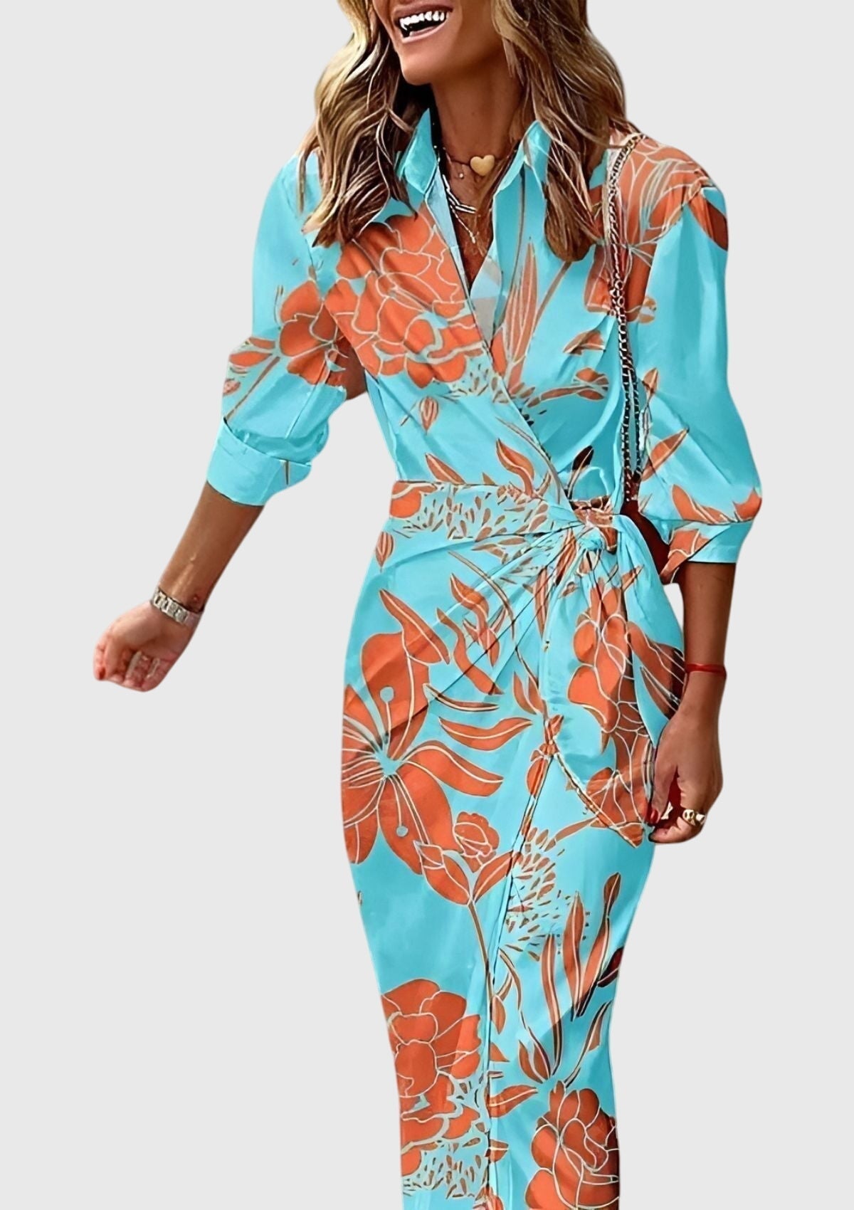 Women's Printed Wedding Guest Midi Dress Tie Front Long Sleeve