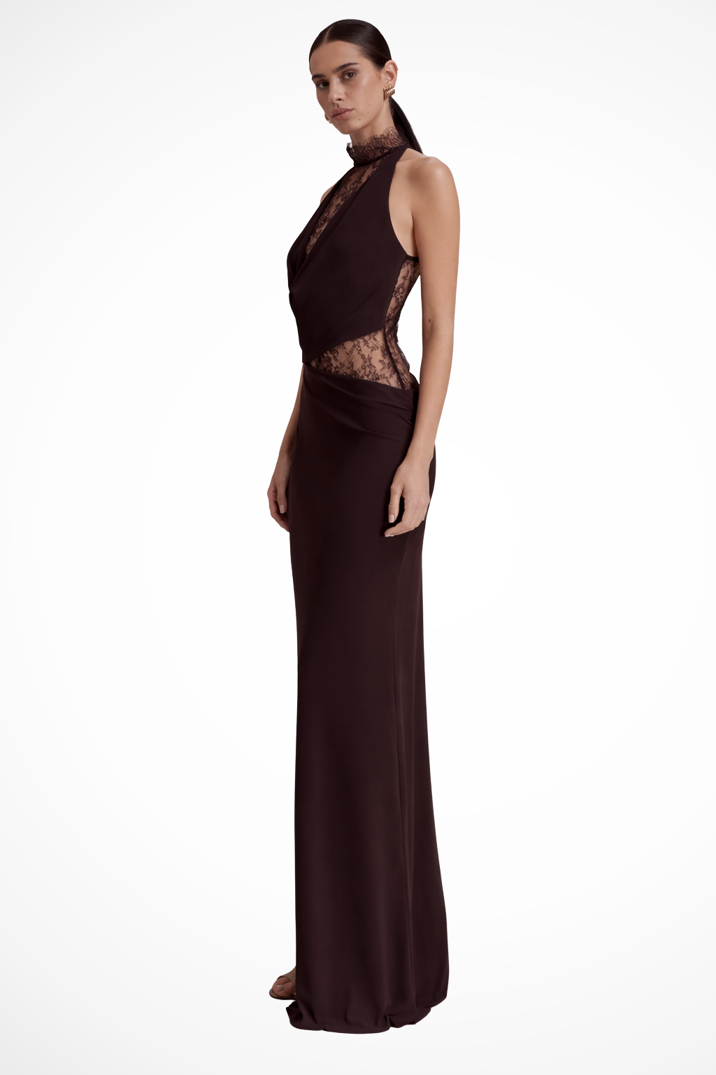 Women's Wedding Guest Maxi Dress with High Neck Lace Inset and Ruched Detail