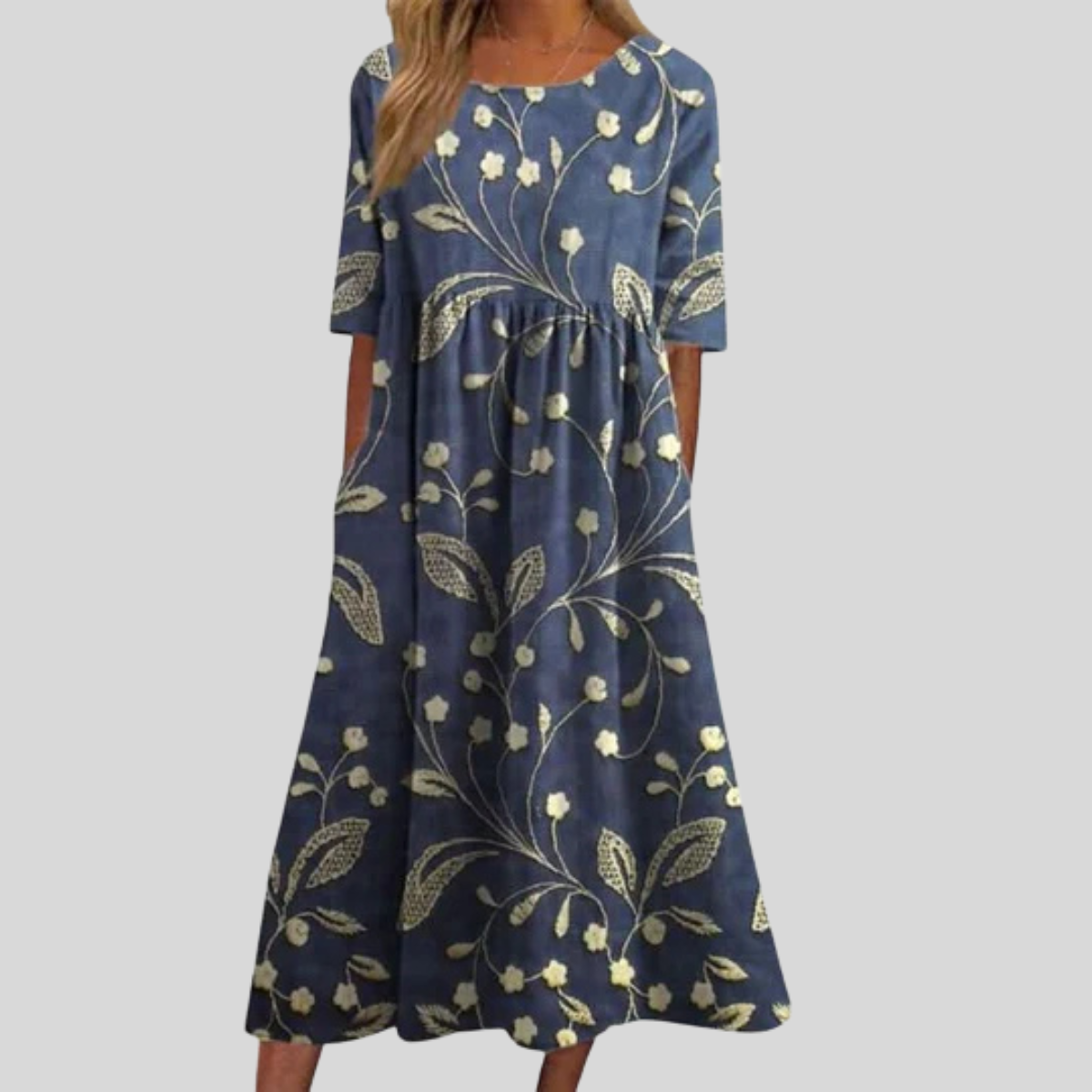 Women's Short Sleeve Midi Dress with Round Neck and Floral Print Detail