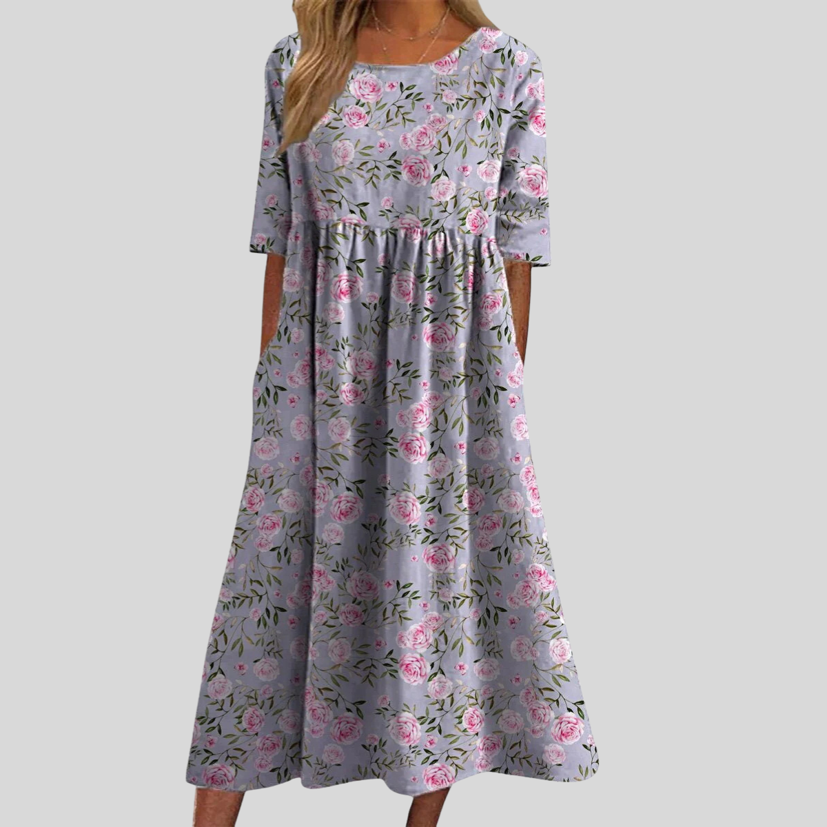 Women's Short Sleeve Midi Dress with Round Neck and Floral Print Detail