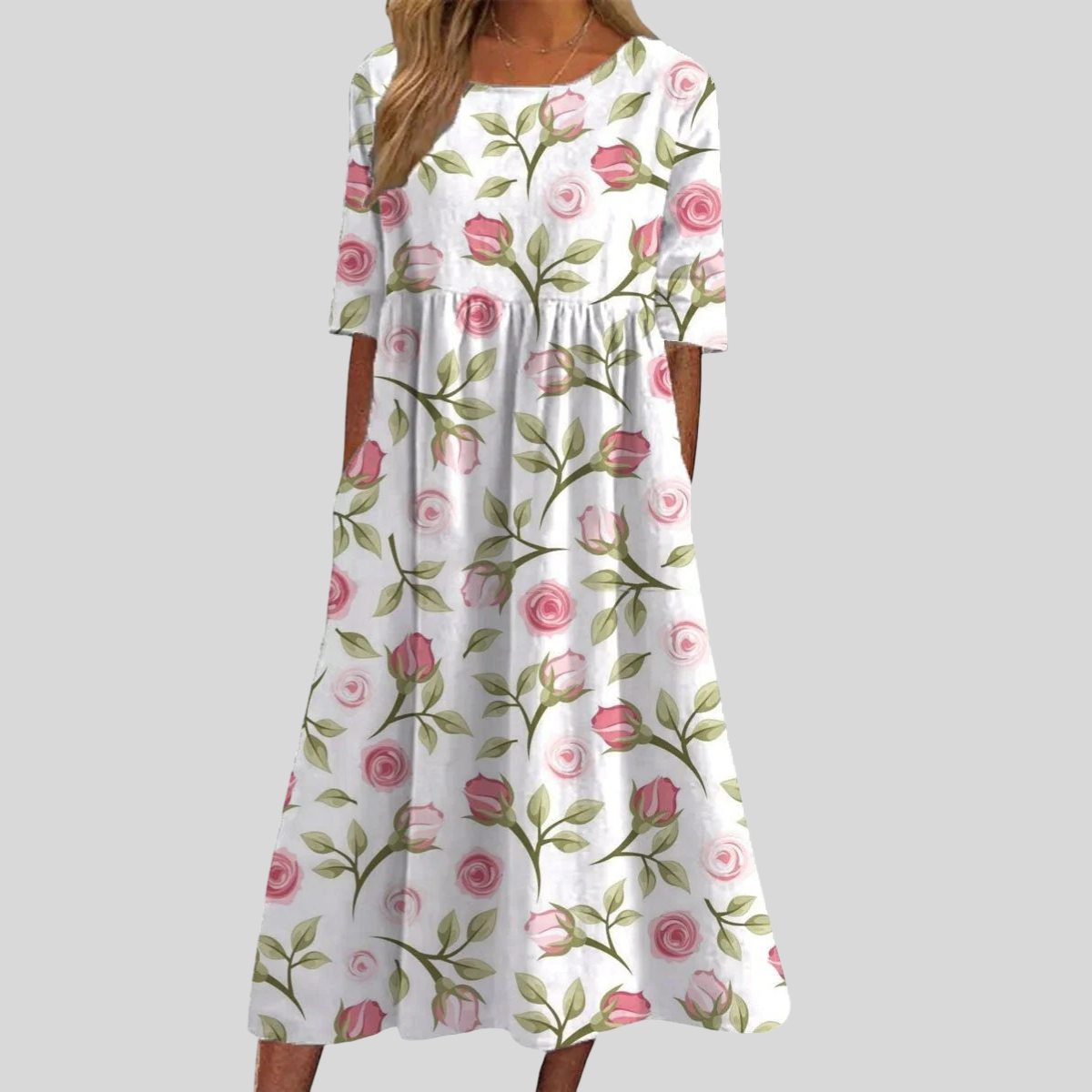 Women's Short Sleeve Midi Dress with Round Neck and Floral Print Detail