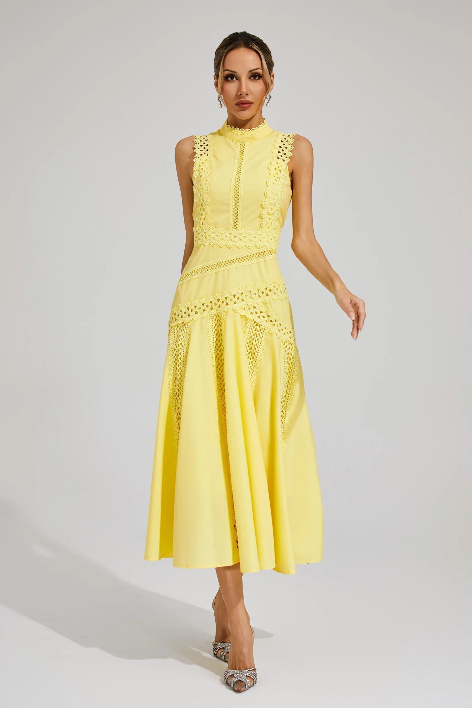 Women's Sleeveless Lace Midi Wedding Guest Dress Flared Hem and Intricate Trim