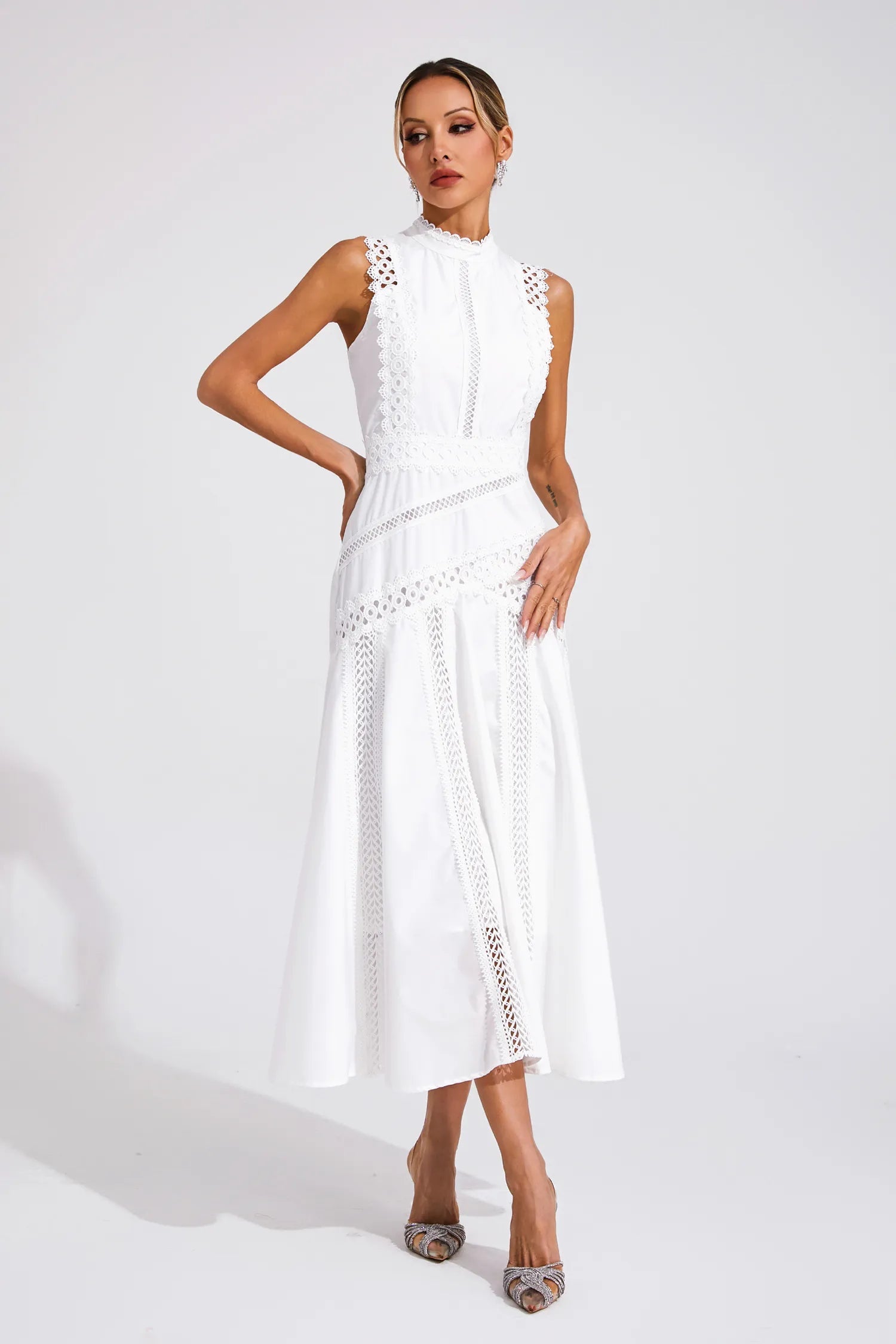 Women's Sleeveless Lace Midi Wedding Guest Dress Flared Hem and Intricate Trim