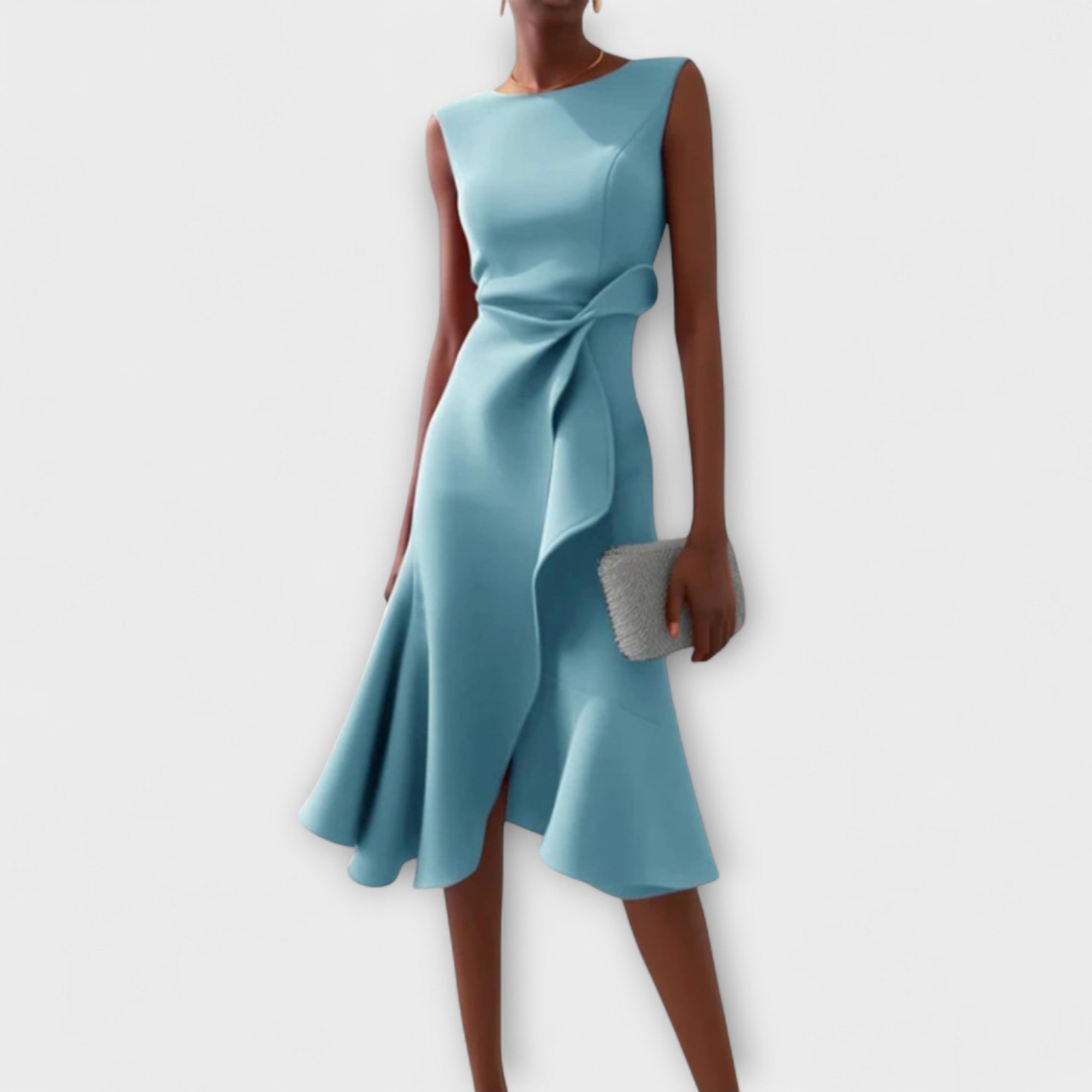 Women's Sleeveless Midi Dress with Boat Neck and Ruffle Drape Detail