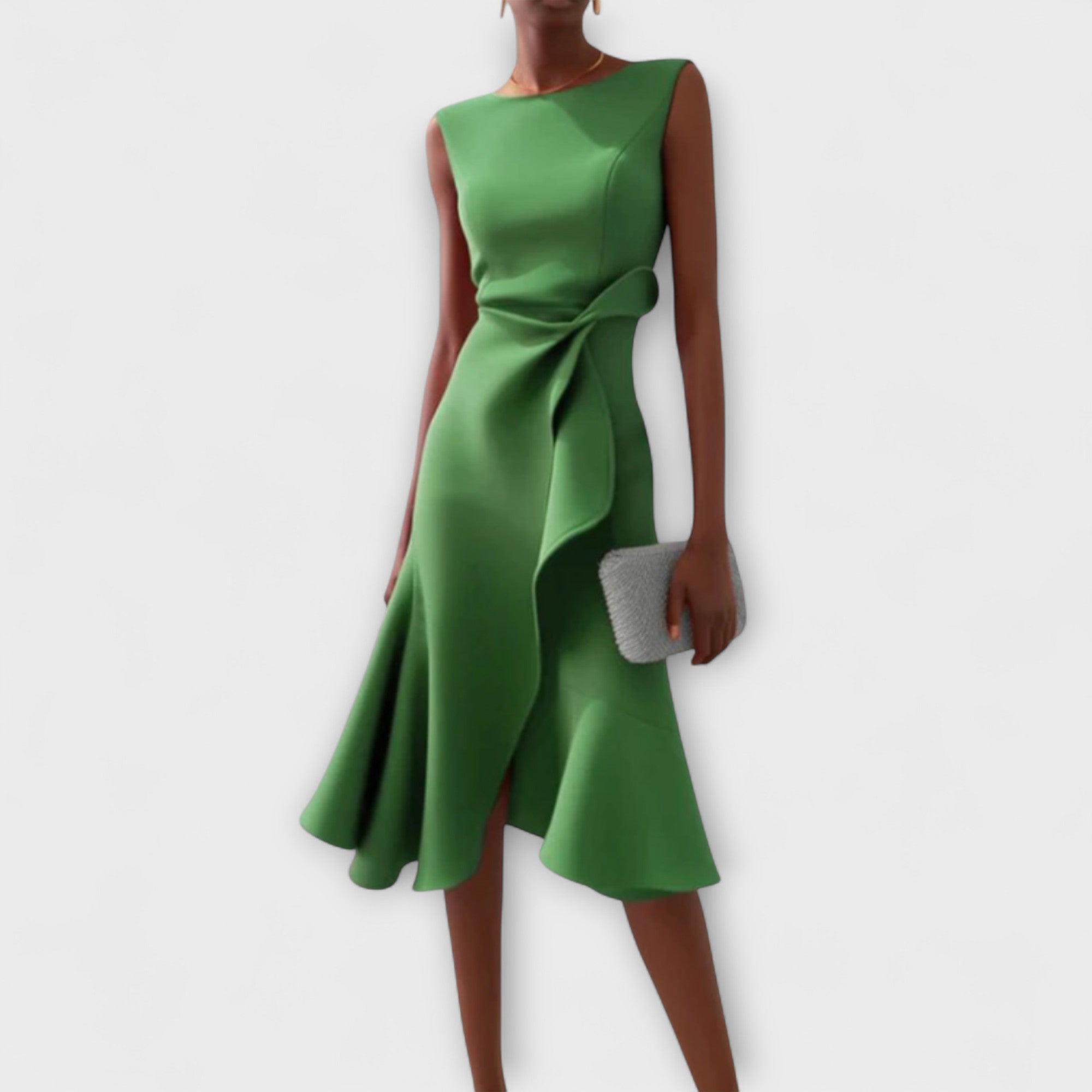 Women's Sleeveless Midi Dress with Boat Neck and Ruffle Drape Detail
