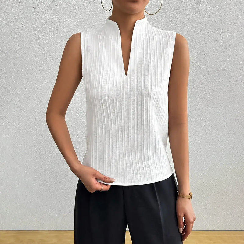 Women's Sleeveless Stand Collar Top Vertical Striped Pattern