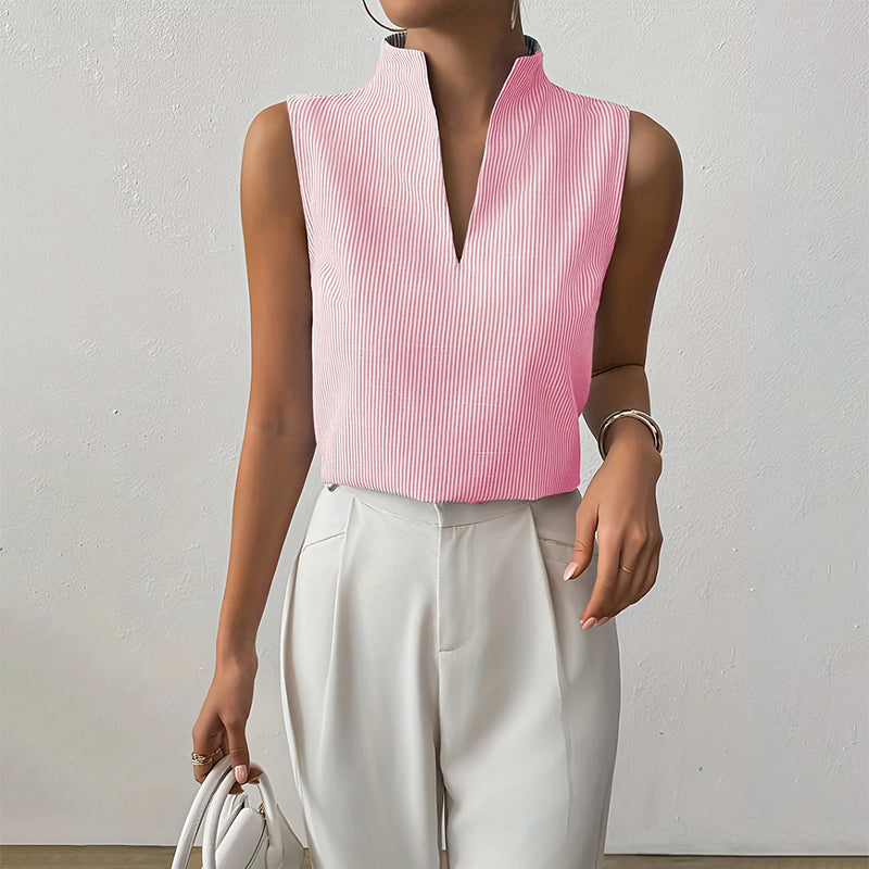 Women's Sleeveless Stand Collar Top Vertical Striped Pattern