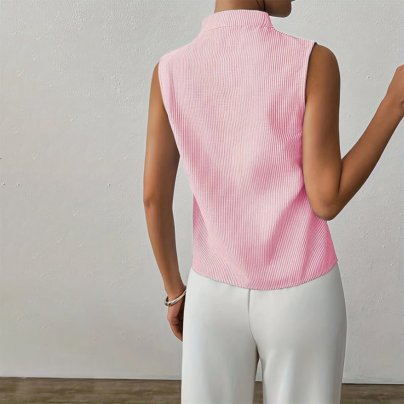 Women's Sleeveless Stand Collar Top Vertical Striped Pattern