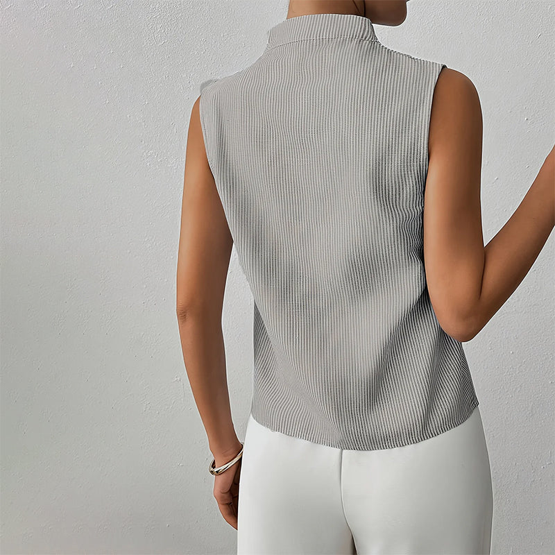 Women's Sleeveless Stand Collar Top Vertical Striped Pattern