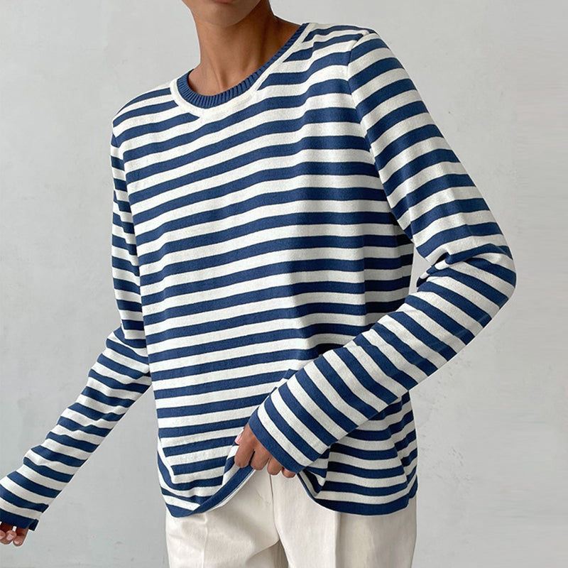 Women's Striped Knit Sweater Long Sleeve Crew Neck