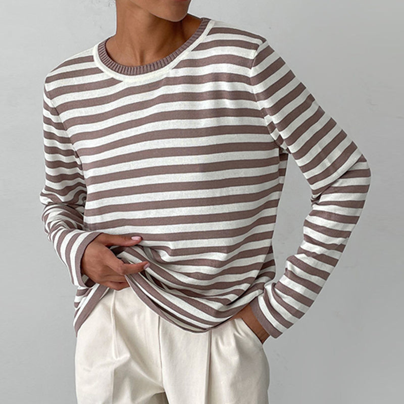 Women's Striped Knit Sweater Long Sleeve Crew Neck