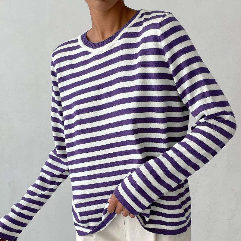 Women's Striped Knit Sweater Long Sleeve Crew Neck