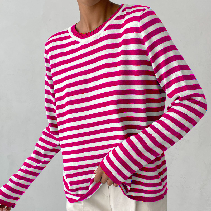 Women's Striped Knit Sweater Long Sleeve Crew Neck