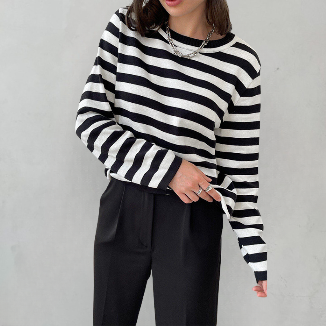Women's Striped Knit Sweater Long Sleeve Crew Neck